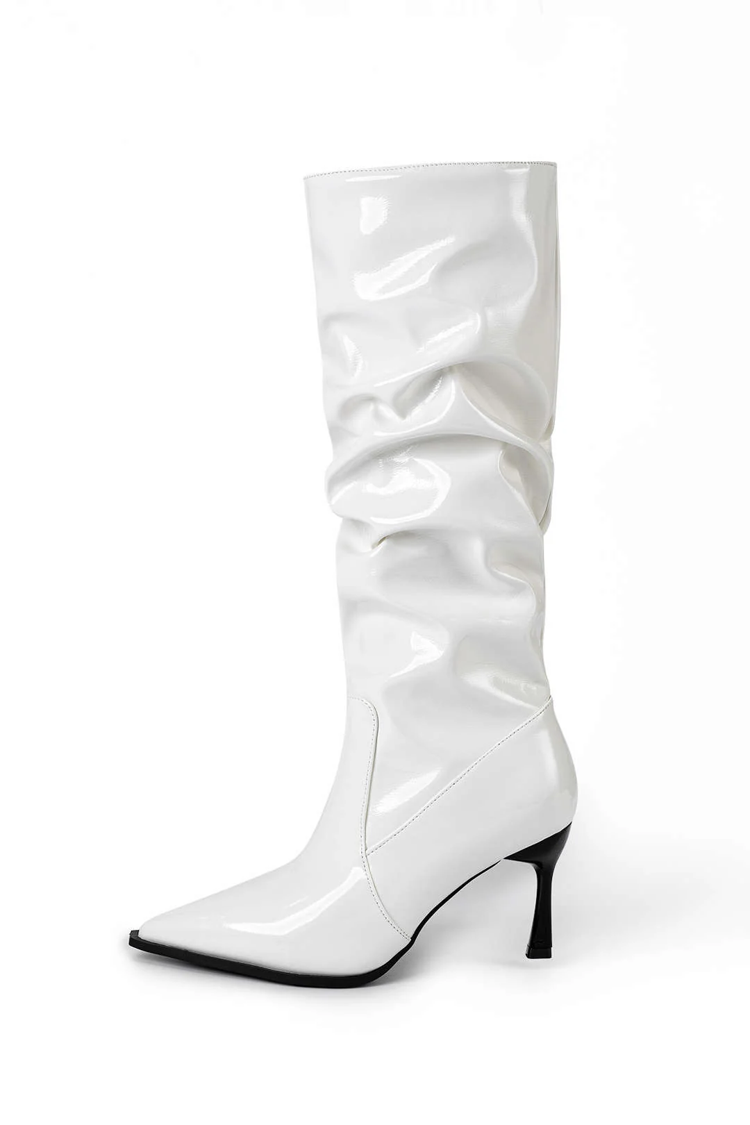 Faux Leather Ruched Pointed Toe Knee High Boots - Image 11