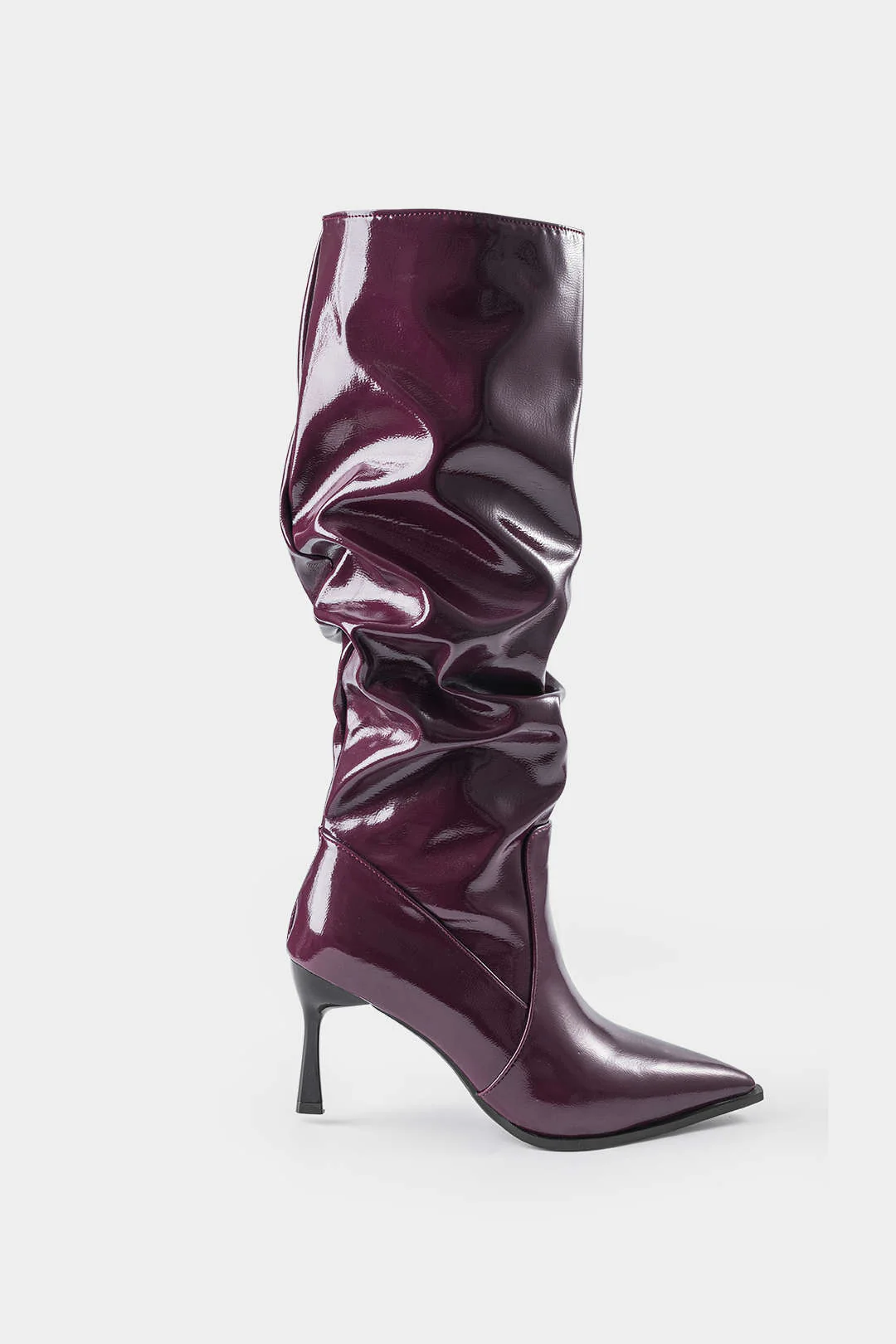Faux Leather Ruched Pointed Toe Knee High Boots - Image 3