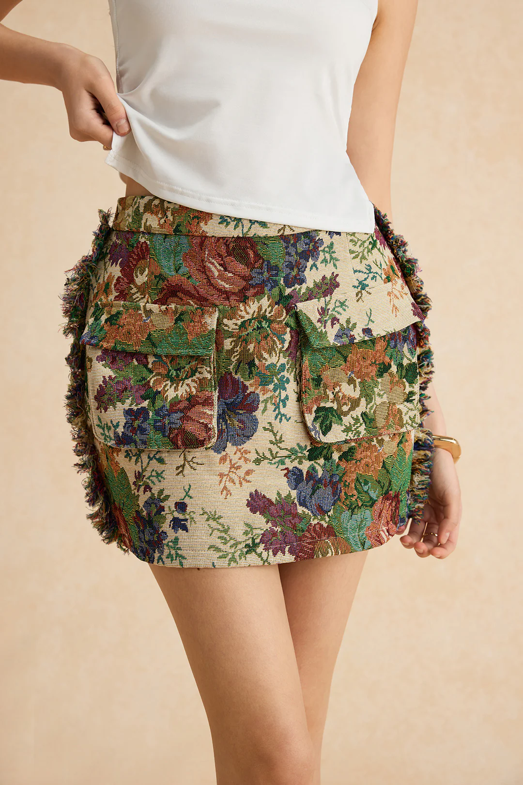 Retro Floral Print Fringe Zipper Mini Skirt - Image 4