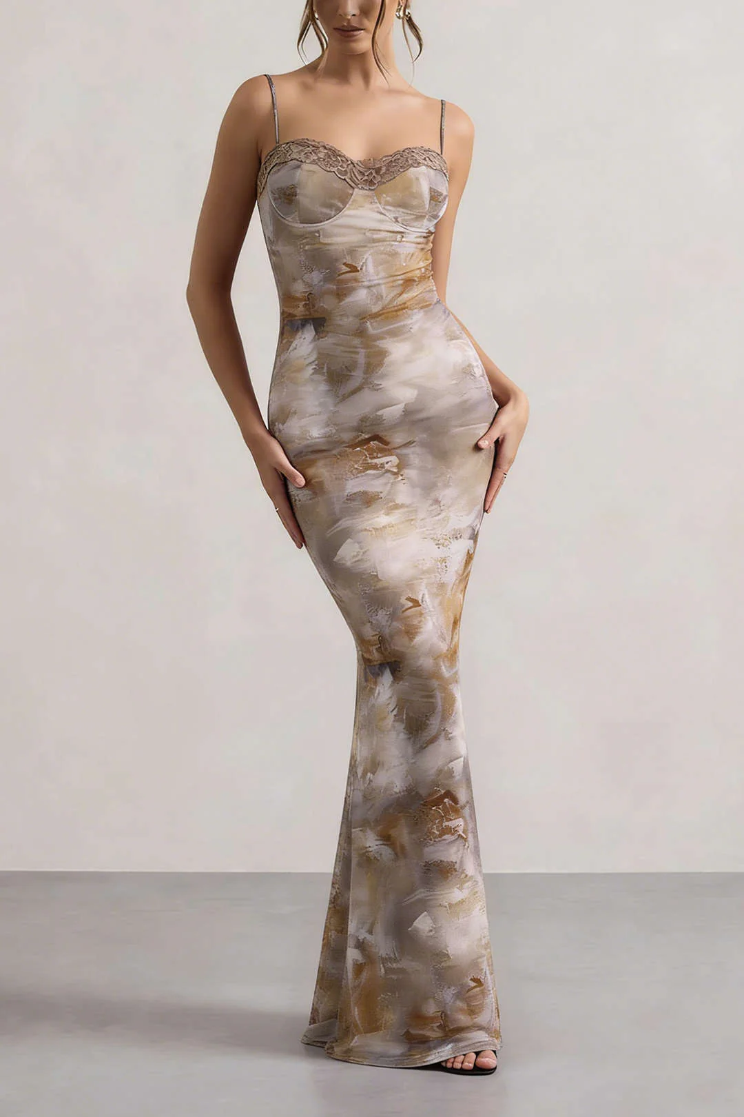Abstract Print Patchwork Lace Trim Bustier Sleeveless Maxi Dress - Image 7