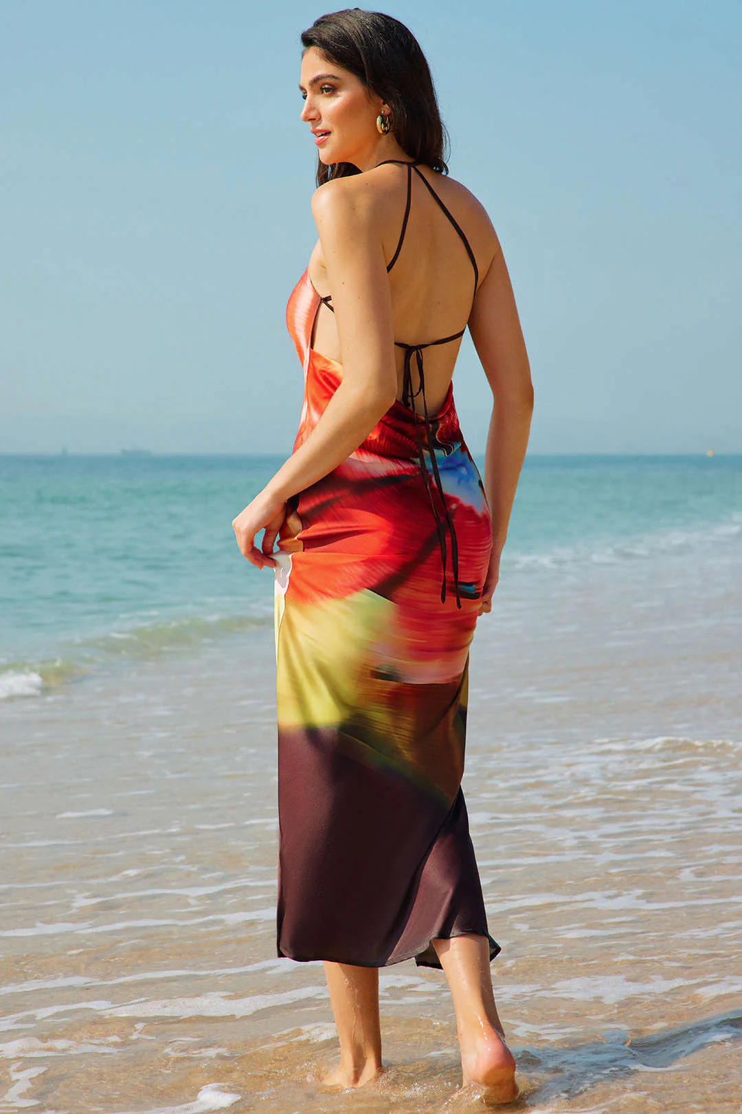 Tie Dye Print Satin Draped Cowl Neck Sleeveless Maxi Dress - Image 6