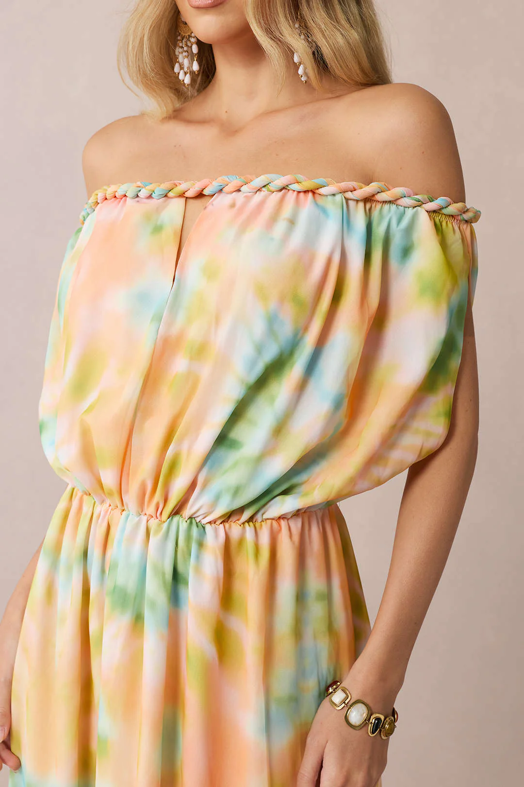 Tie Dye Print Chiffon Off Shoulder Twist Knot Ruched Sleeveless Maxi Dress - Image 4