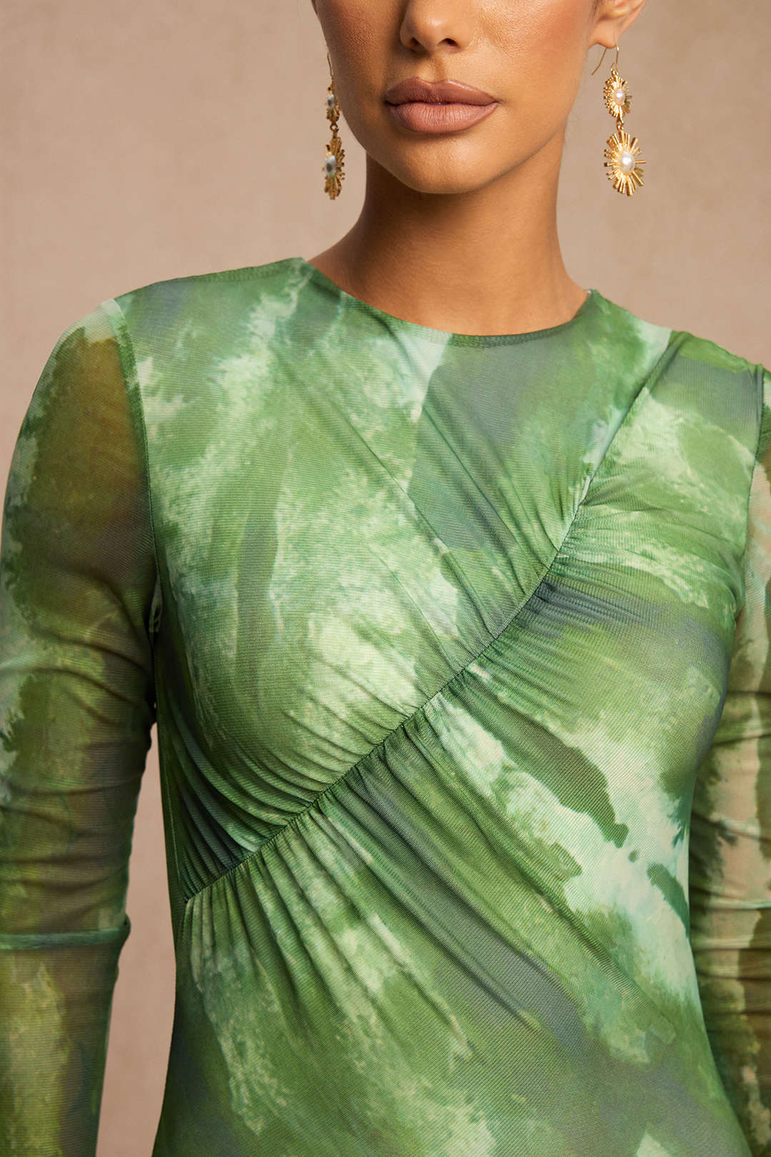 Tie Dye Print Mesh Round Neck Ruched Long Sleeve Midi Dress - Image 4