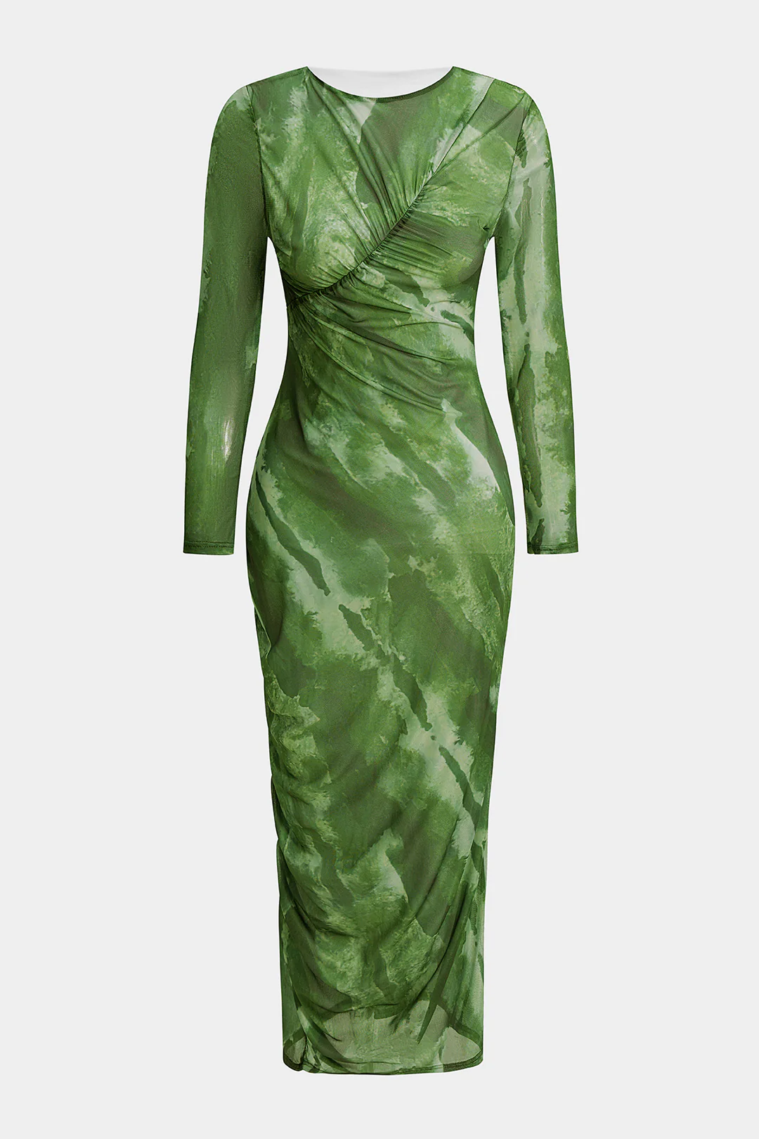 Tie Dye Print Mesh Round Neck Ruched Long Sleeve Midi Dress - Image 5