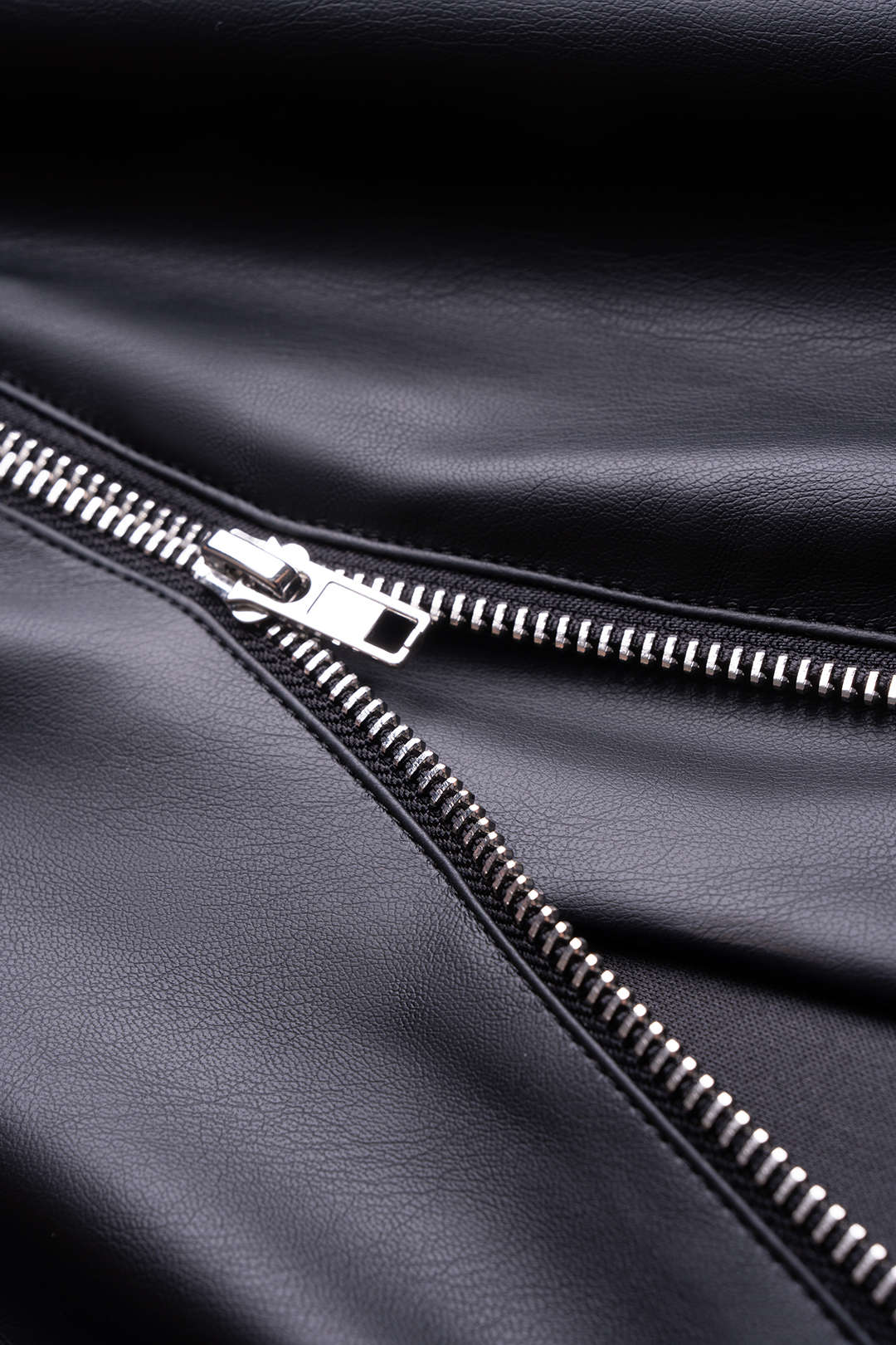 Faux Leather Cowl Neck Zipper Ruched Asymmetrical Long Sleeve Midi Dress - Image 3