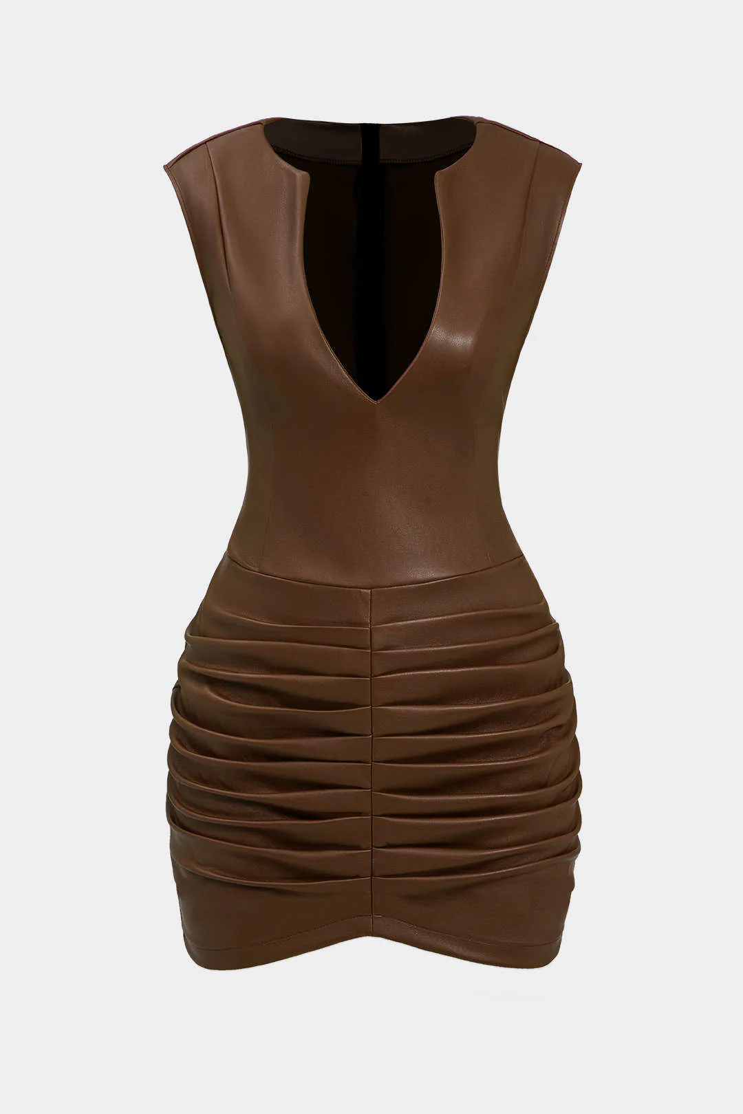 Ruched Faux Leather V-Neck Bodycon Mini Dress - Image 7