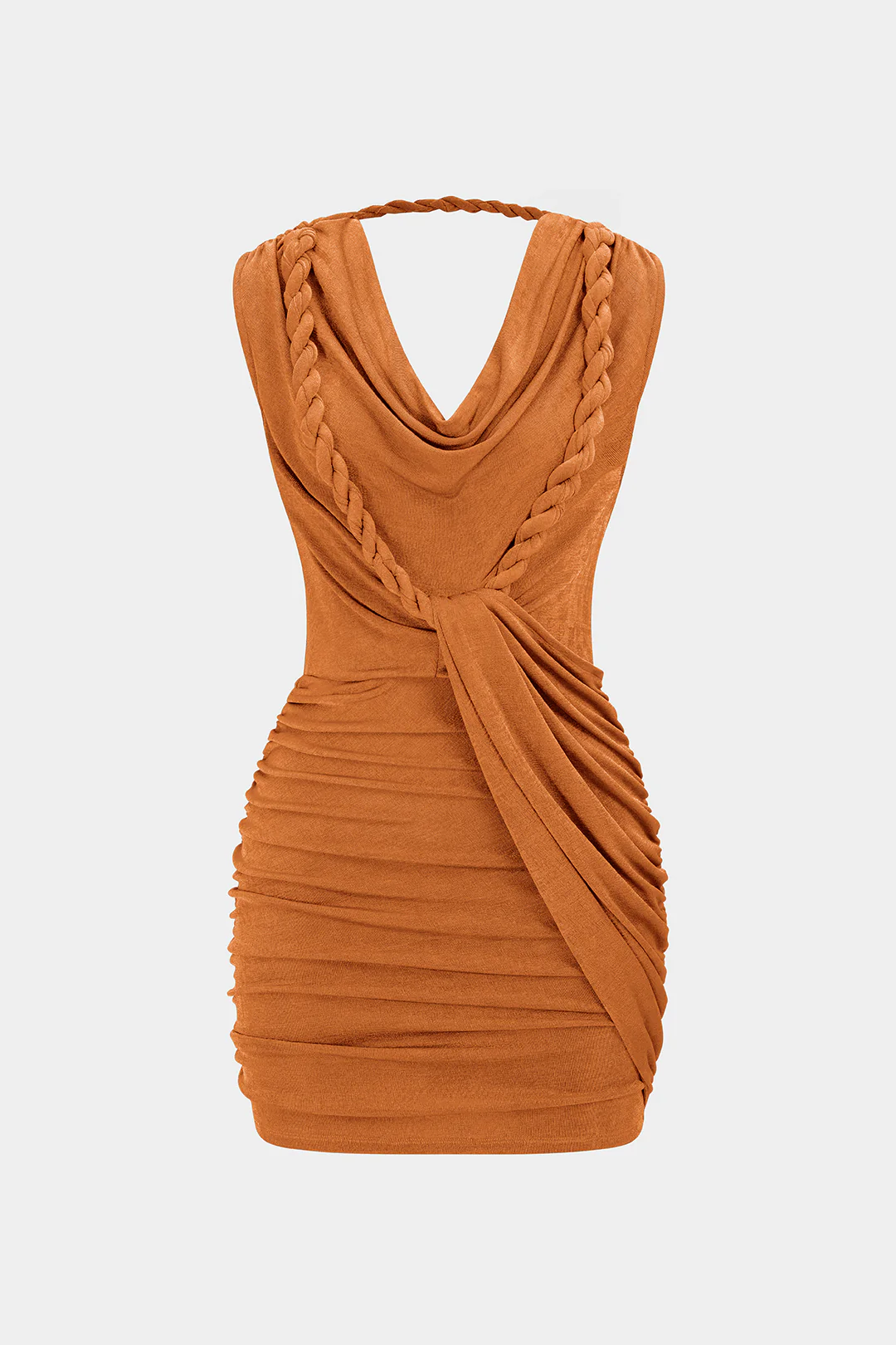 Draped Cowl Neck Twist Knot Asymmetrical Sleeveless Mini Dress - Image 7