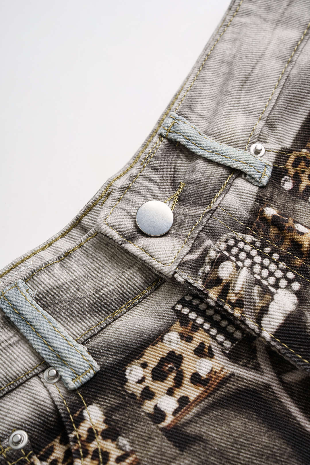 Artistic Denim Print Button Pocket Straight Leg Pants - Image 3