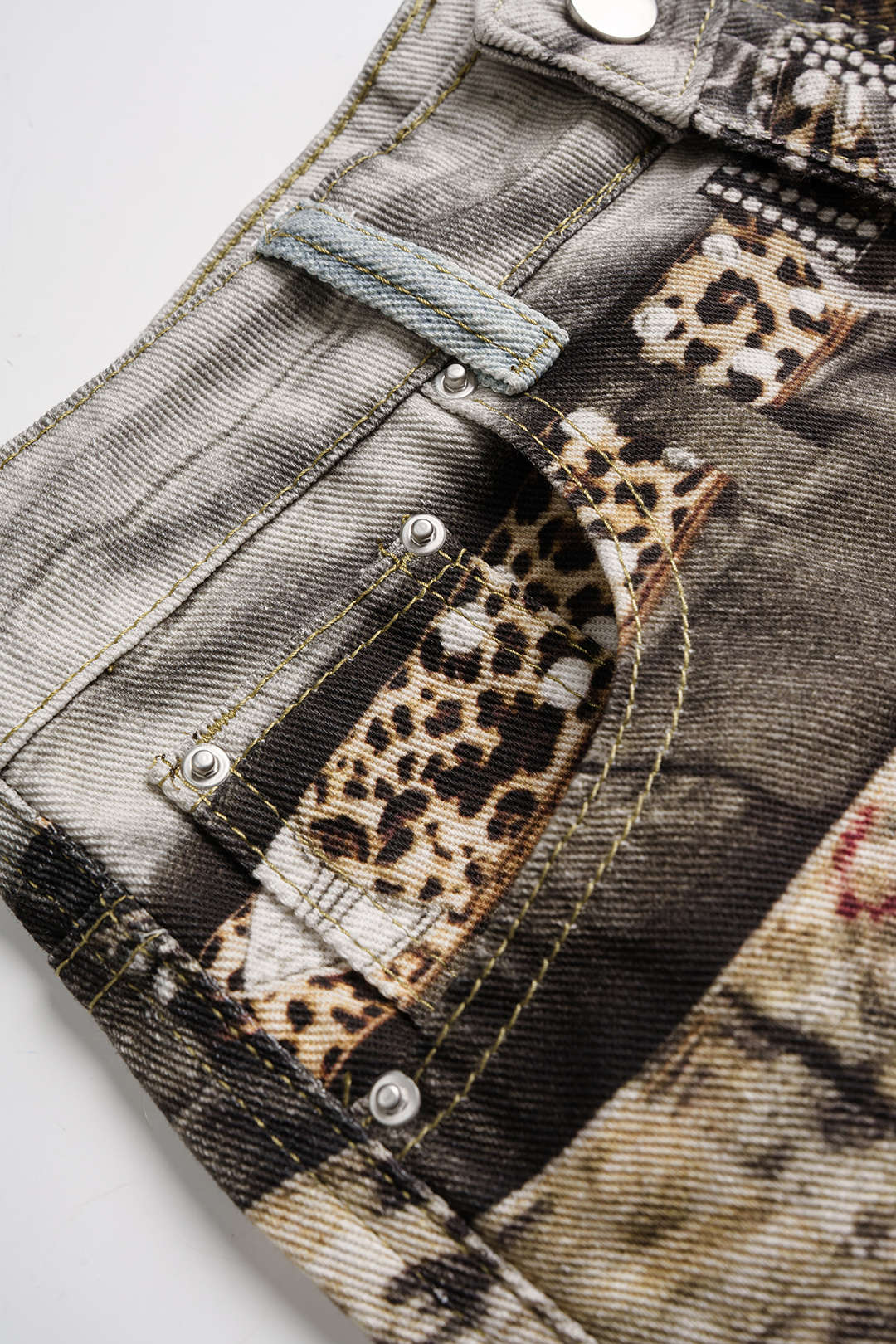 Artistic Denim Print Button Pocket Straight Leg Pants - Image 4