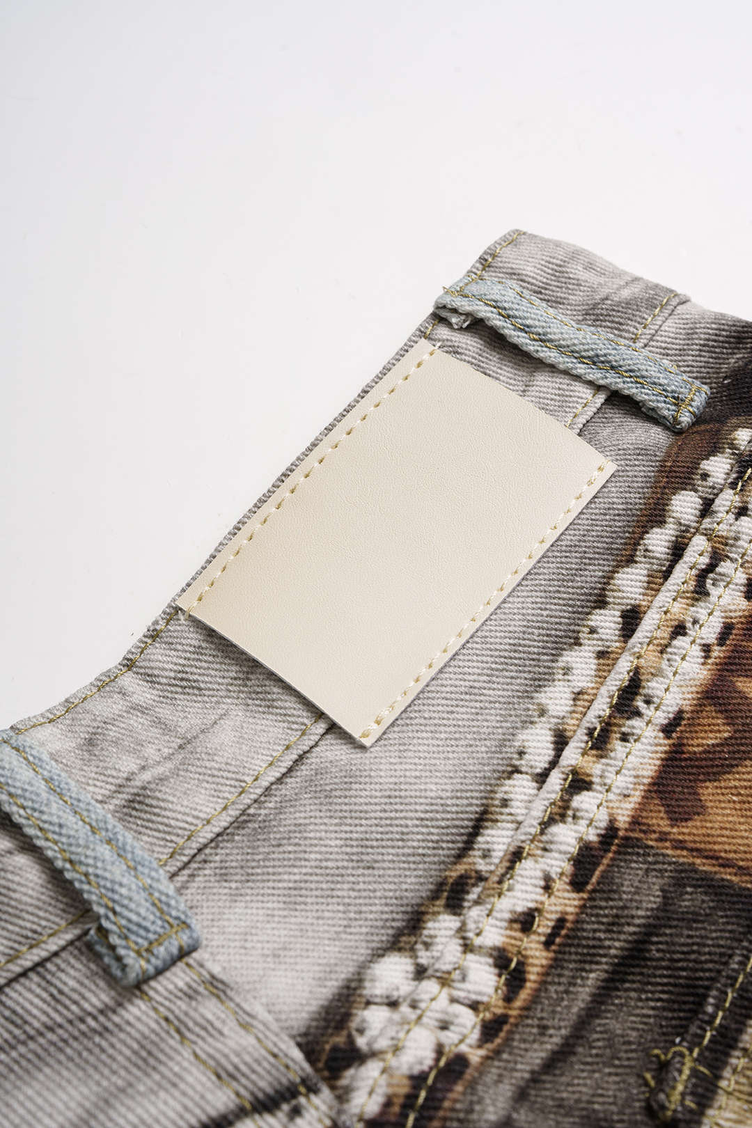 Artistic Denim Print Button Pocket Straight Leg Pants - Image 5