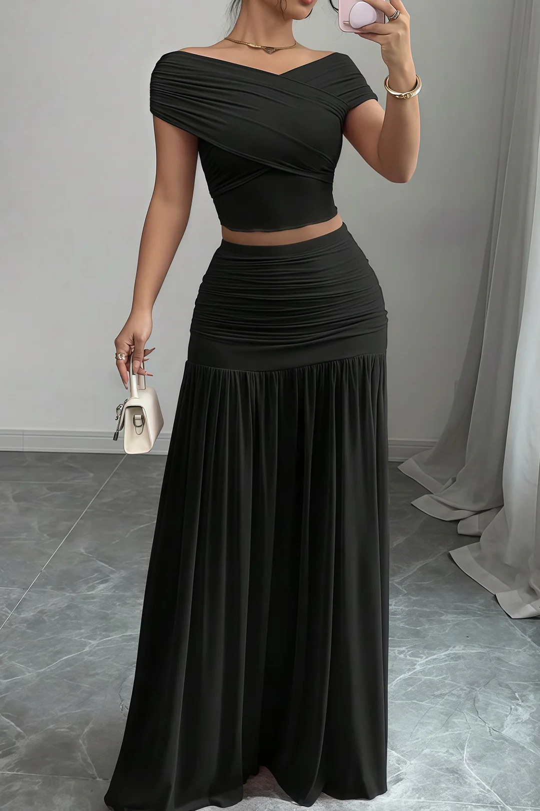 Ruched Patchwork Top And Skirt Set - Image 11