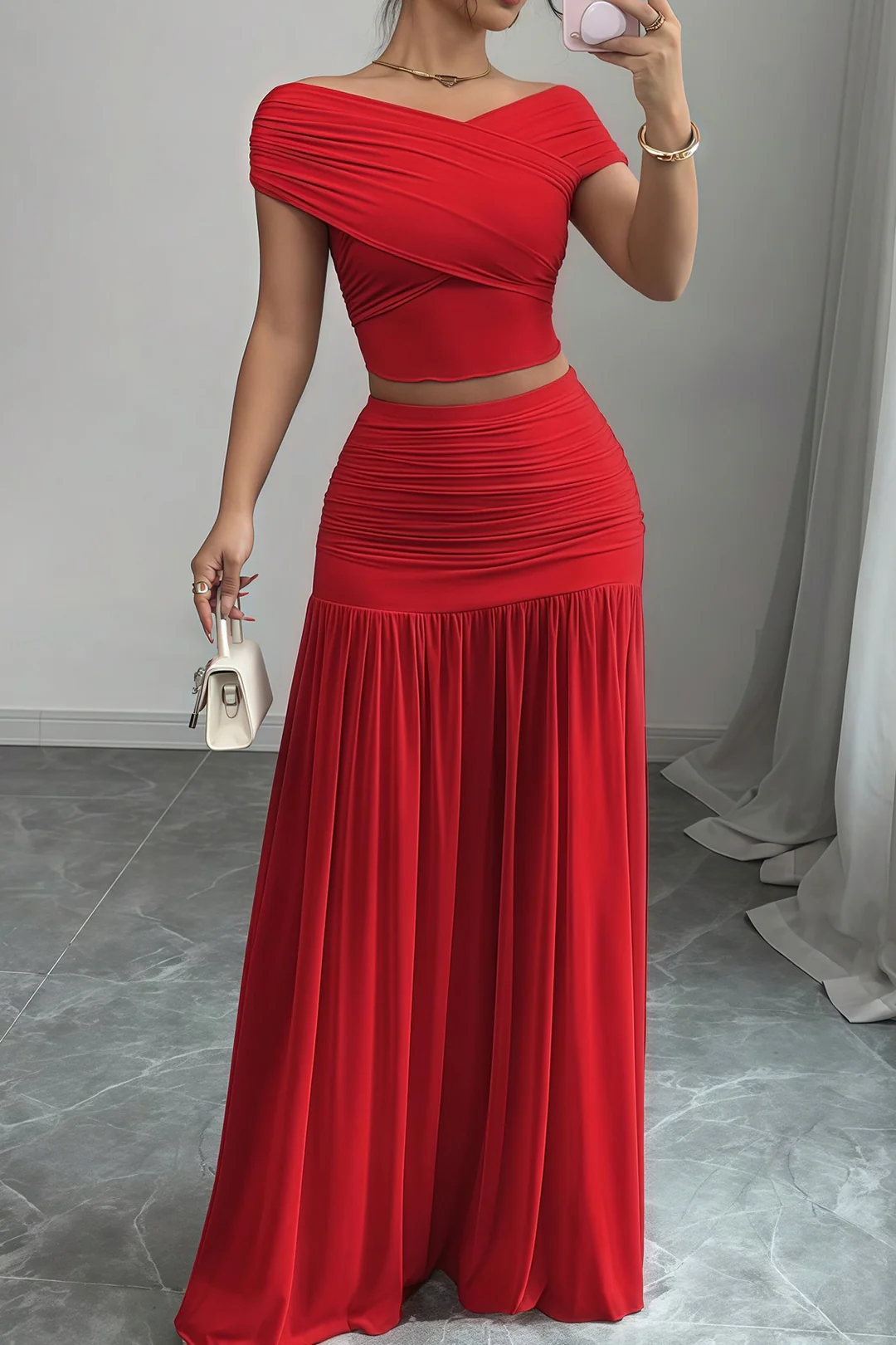 Ruched Patchwork Top And Skirt Set - Image 13