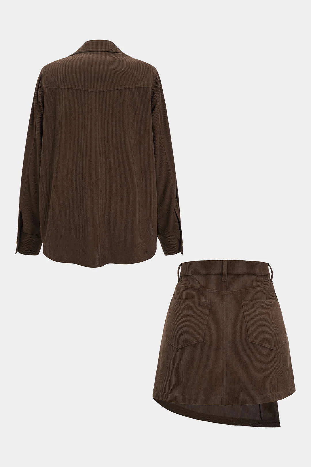 Corduroy Button Long-Sleeve Shirt And Button Skirt Set - Image 3