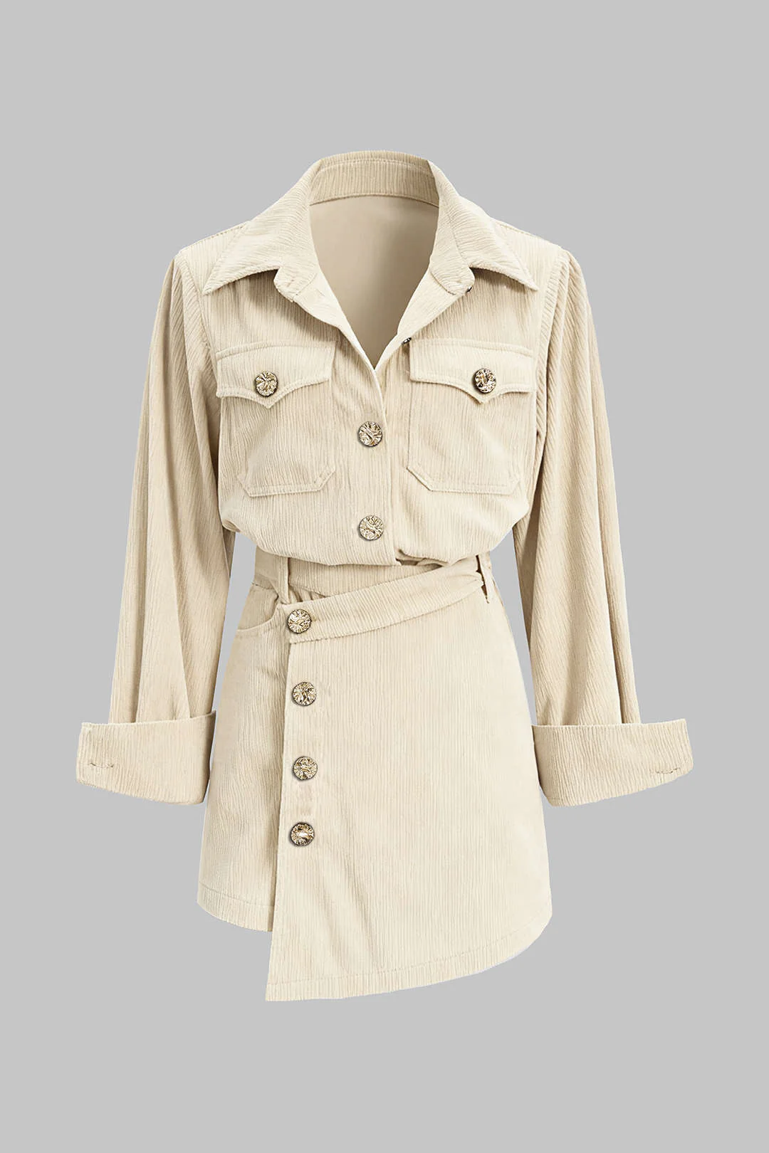 Corduroy Button Long-Sleeve Shirt And Button Skirt Set - Image 7