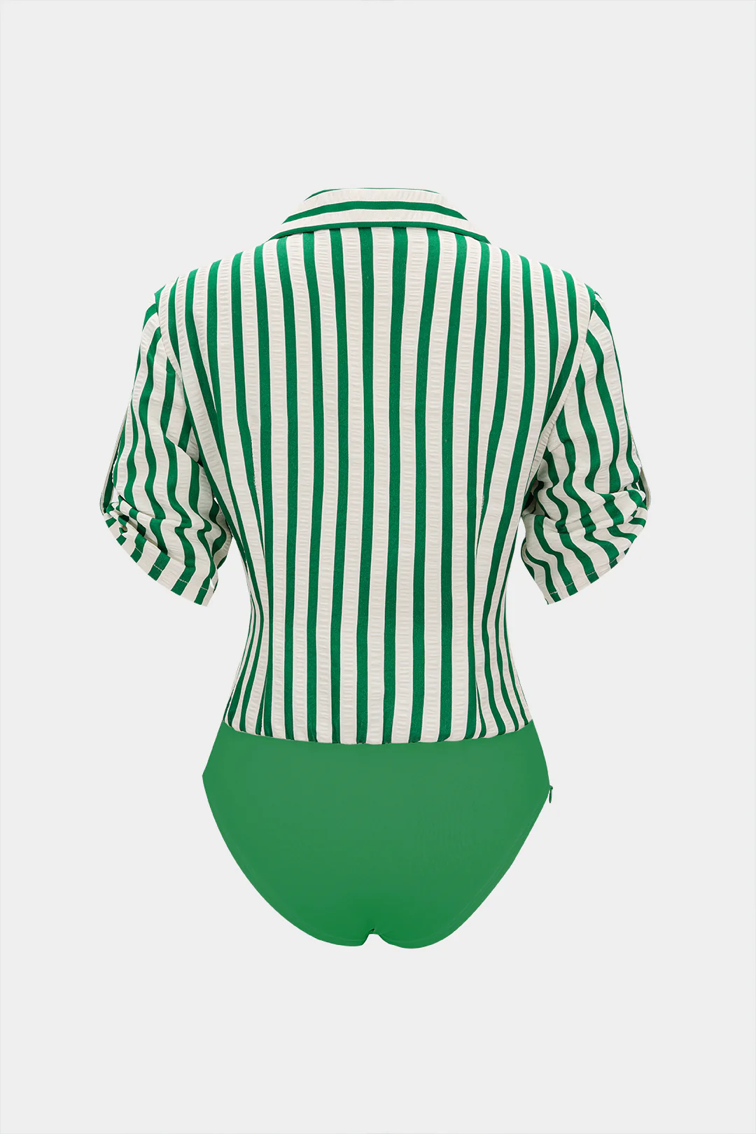 Stripes Print Button Patchwork Ruched V-Neck Short Sleeve Bodysuit - Image 2