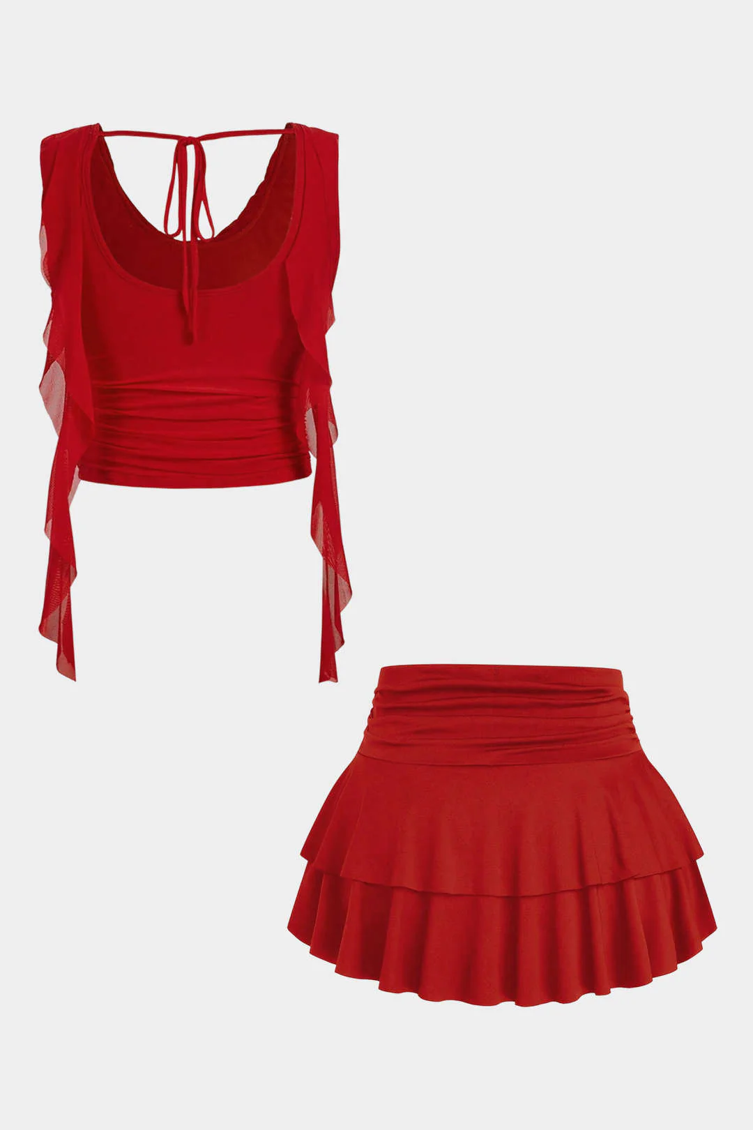 Plus Size Mesh Draped Cowl Neck Tie-Up Tank Top And Ruffle Skirt Set - Image 3