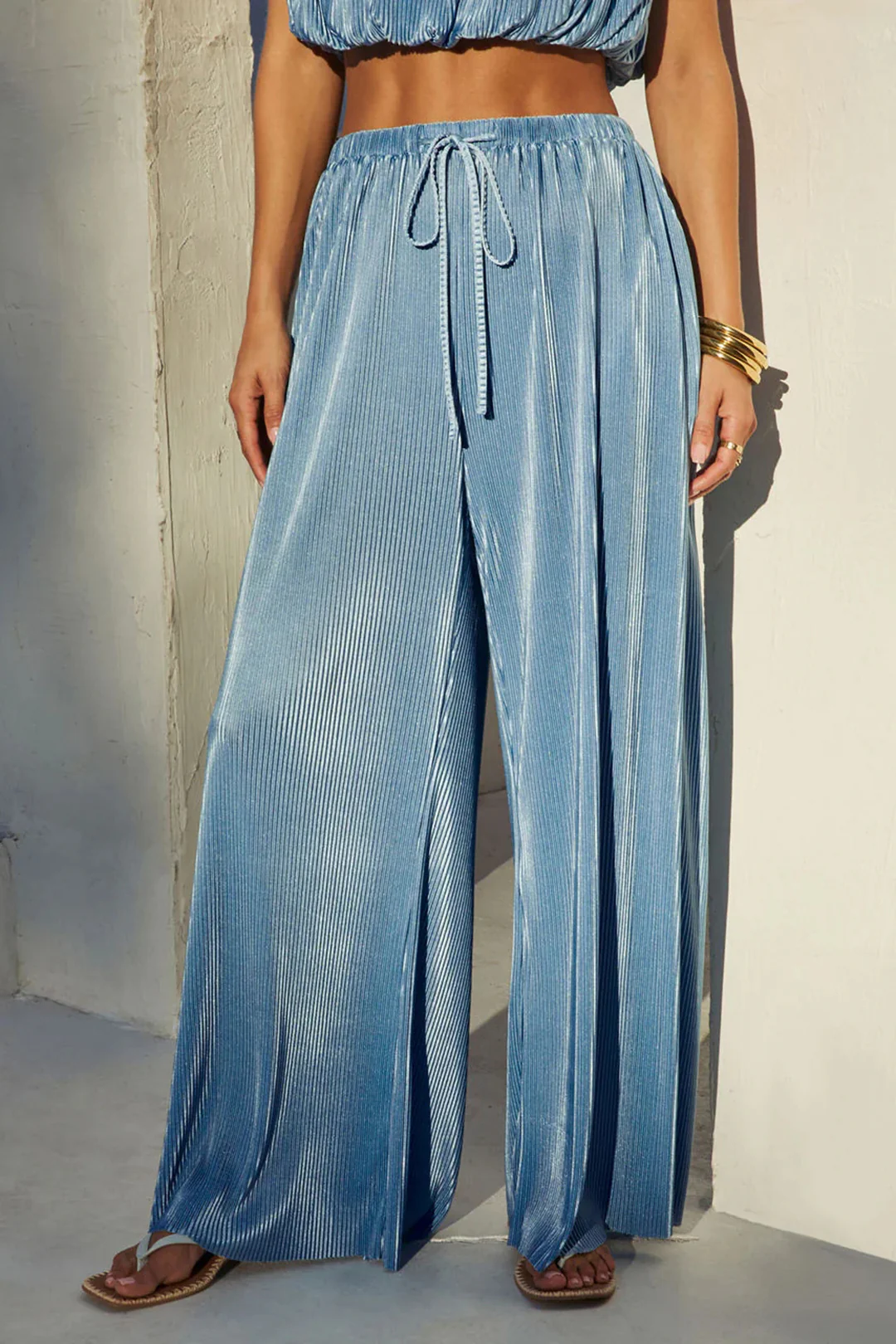 Ruched Sleeveless Cropped Top And Drawstring Tie-Up Wide Leg Pants Set - Image 5