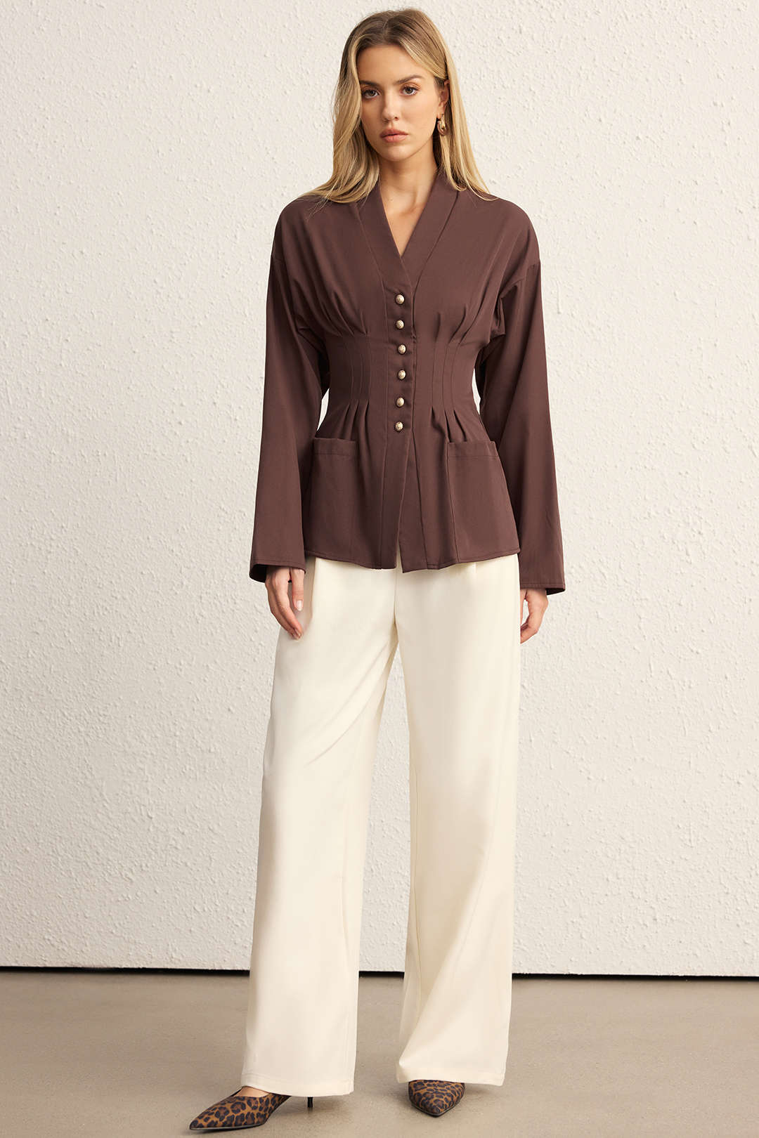 Metallic Button V-Neck Pocket Long-Sleeve Shirt - Image 5