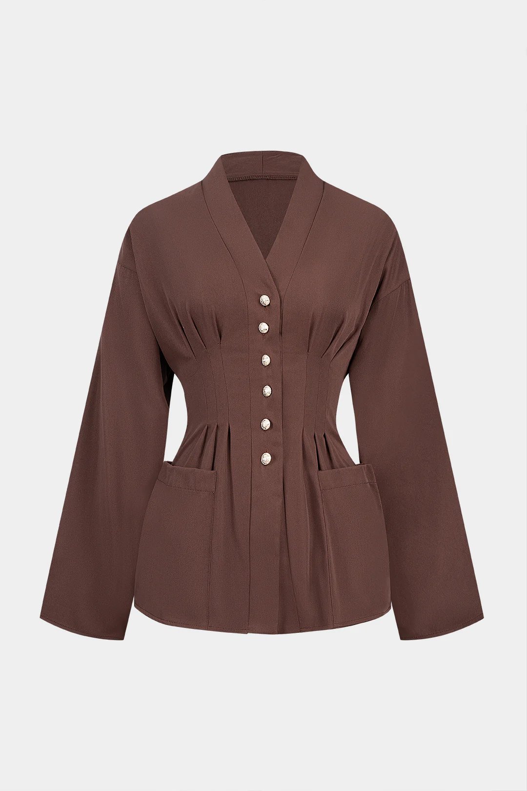 Metallic Button V-Neck Pocket Long-Sleeve Shirt - Image 6