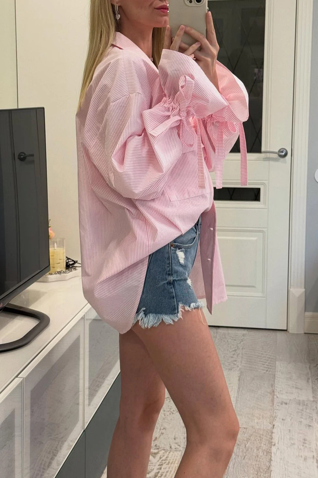 Stripes Print Drawstring Tie-Up Pocket Long-Sleeve Shirt - Image 3