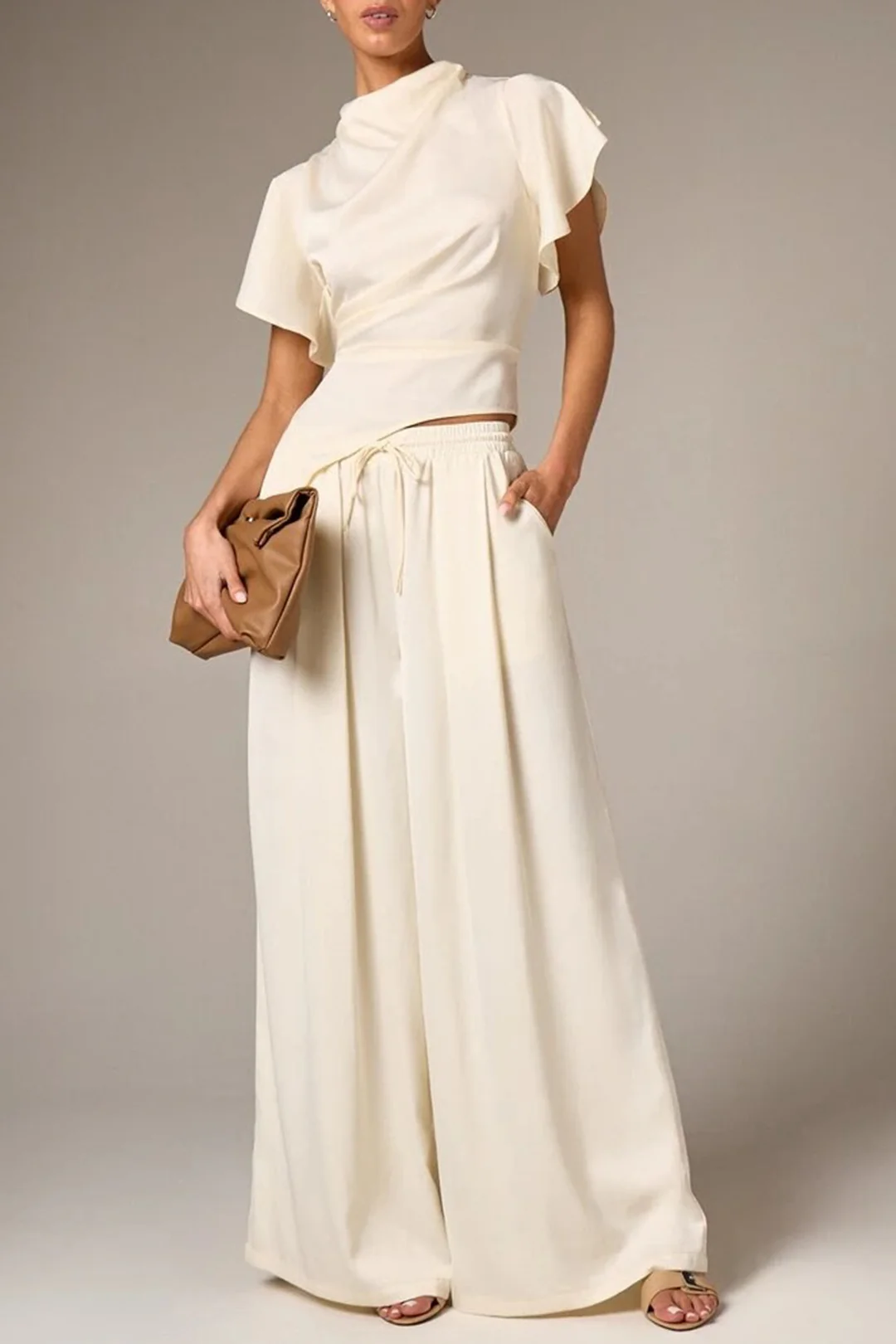 Draped Cowl Neck Asymmetrical Short-Sleeve Shirt - Image 5